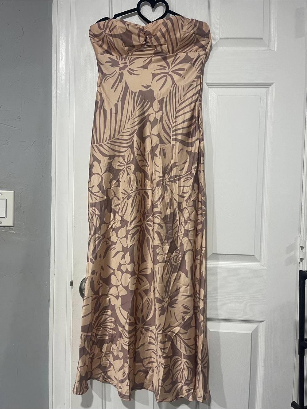 Strapless Floral Satin Maxi Dress in Taupe